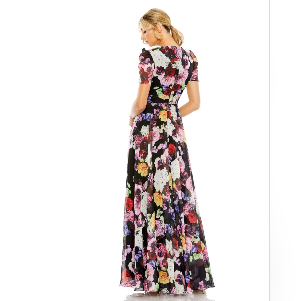 Ieena for Mac DuggalBlack Floral Print Mesh Short Sleeve Gown, Sizee 6 Worn Once - Picture 4 of 15